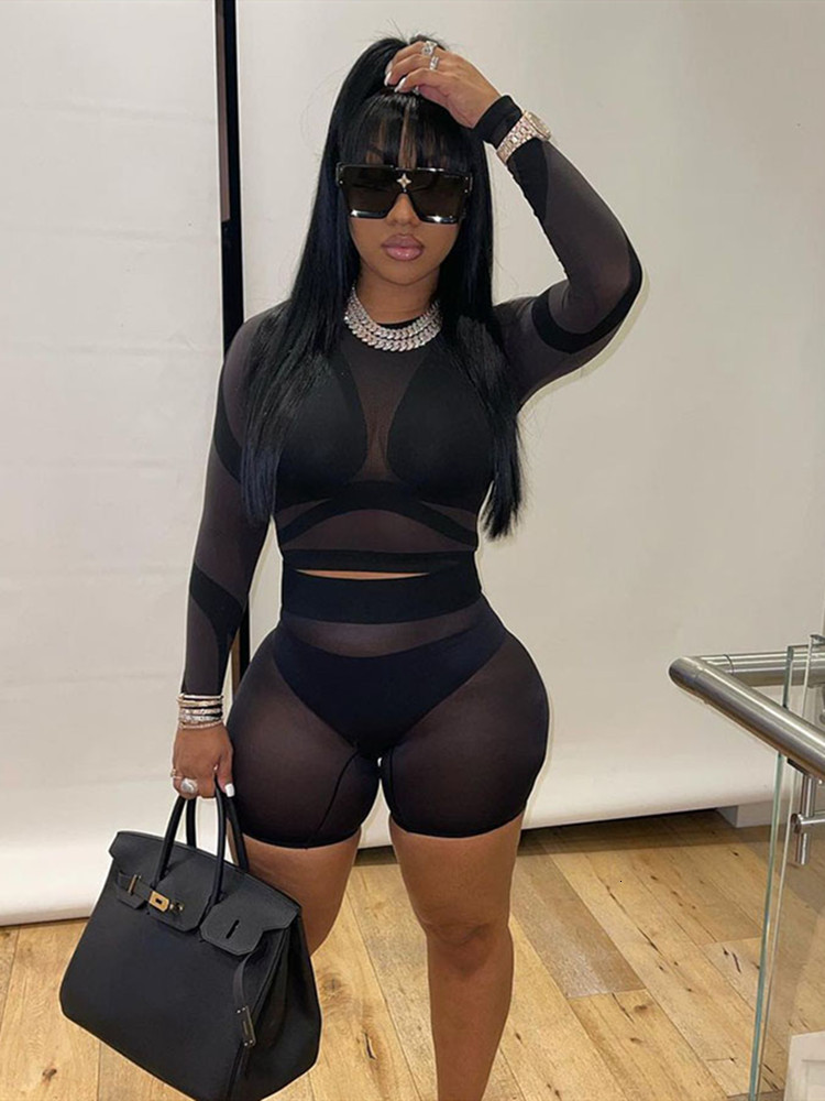 Women's Two Piece Pants hirigin Mesh Patchwork 2 Pieces Long Sleeve Tank Top Biker Shorts Set See Through Sheer Skinny Sexy Summer Tracksuit 2305