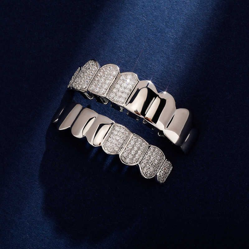 Hip Hop Up Bottom Teeth Grills Full Diamond Double Pin Big Cubic Zirconia Iced Out Vampire Fang Fake Braces Tooth Grillz Halloween Mouth 14k Real Gold