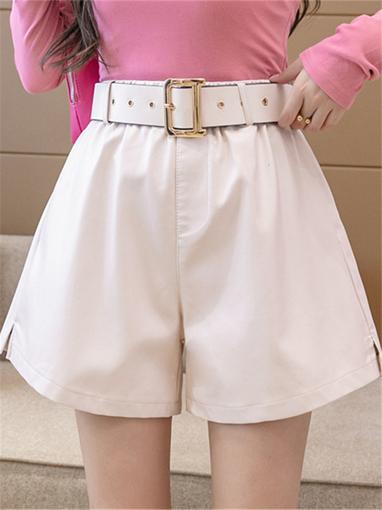 Women's Shorts REALEFT Winter PU Leather Women's Shorts With Belted Stylish OL High Waist Pockets Casual Wide Legged Trousers Female 230504