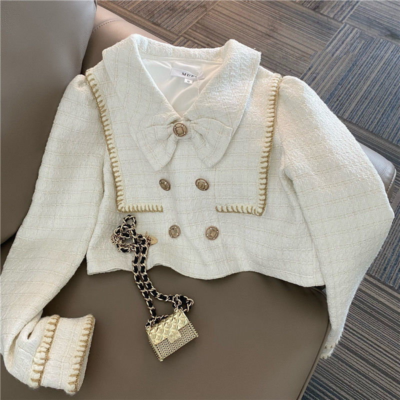Two Piece Dress Short Lapel Double-breasted Tweed Jacket Bow Wool Coat Mini Plaid Skirt Sets Autumn Korea Temperament White Outfits 230504