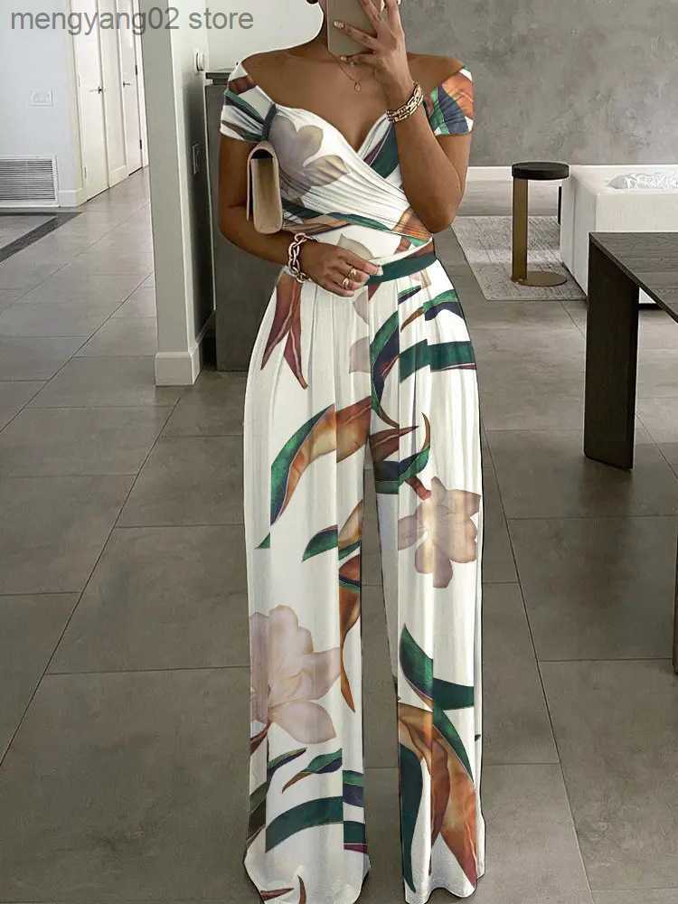 Women's Jumpsuits Rompers Floral Print Jumpsuit Summer Chic Women Straight Party Overalls Y2k Club Romper Elegant Off Shoulder Sleeveless Party J