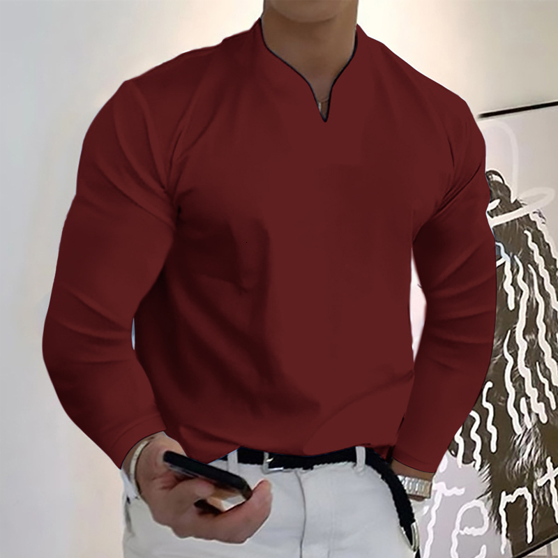 Men's T-Shirts Men's Long Sleeve V-neck Solid Color T-shirt Elastic and Comfortable Loose Sports Shirt Polo Shirt Everyday Casual Wear S-2XL