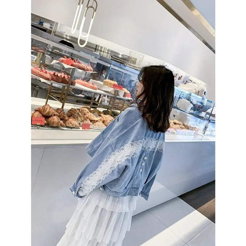 Women's Jackets All-match Lace Stitching Single Breasted Denim Jacket Spring Autumn Loose Short Coat Women Fashion Long Sleeve Streetwear Jacket 