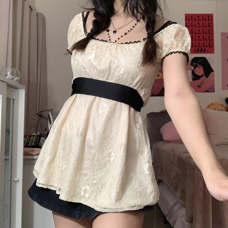 Casual Dresses Sweet Girl Kawaii Lace Mini Dress Y2K Fairycore Grunge Patchwork Short Sleeve A-line Dress Women Vintage Holiday Streetwear 230505