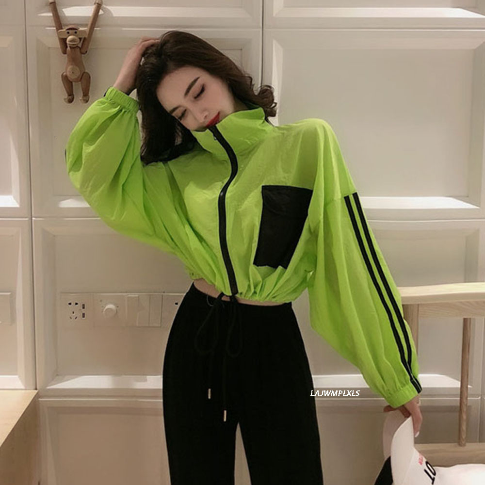 Women's Jackets Spring Summer Women Casual Loose Pocket Color Contrast Batwing Sleeve Drawstring Zipper Short Coat Jacket 230505