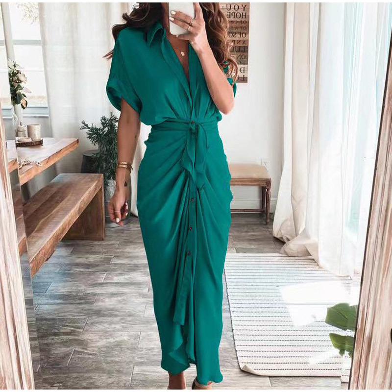 Casual Dresses Women Elegant Shirt Dress Summer Fashion Printed Button Ruched Bandage Long Dresses Female Solid V Neck Beach Dress Casual Robe 230505