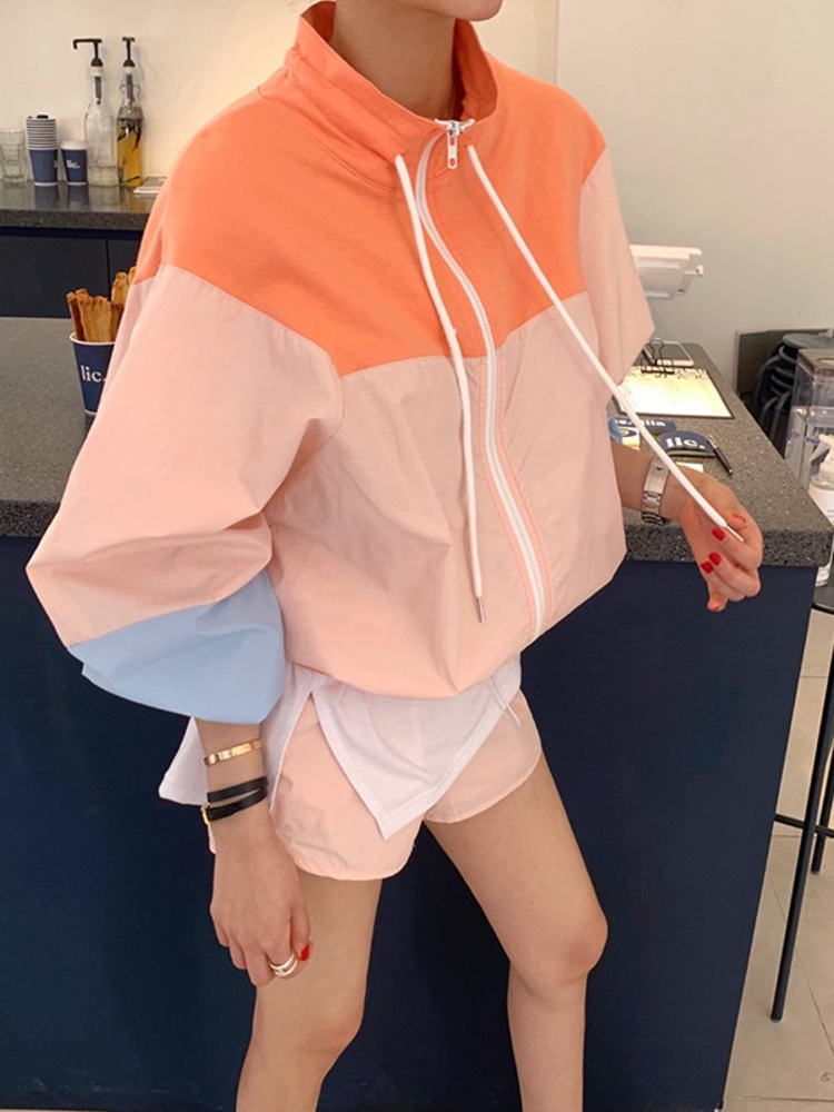 Women's Jackets EWQ Women Drawstring Contrast Long Sleeve Jacket Spring Summer New Patchwork Zipper Jackets Coat Female Loose Top 16Y7325 230505