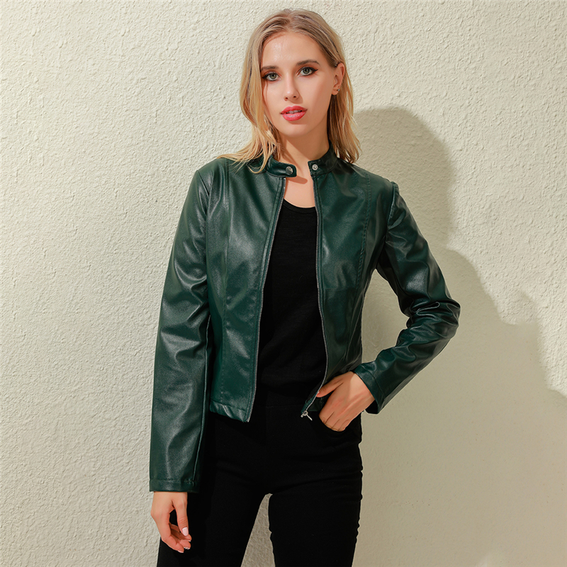 Women's Jackets New Ladies Slim Faux Leather Jacket Stand-Up Collar Long Sleeve Overcoat Zipper Cardigan Short Coat abrigos mujer invierno 230505