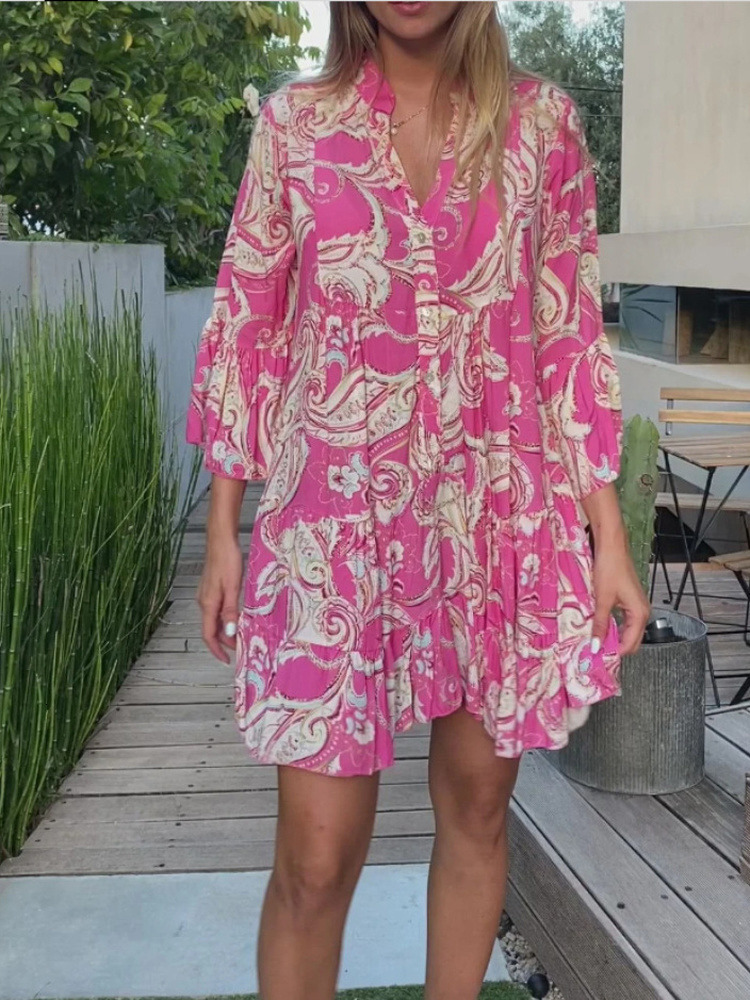 Casual Dresses Summer Green Beach Dress for Women Flare Sleeve V Neck Floral Print Dresses A Line Bohemian Birthday Dress for Women Sexy 230505