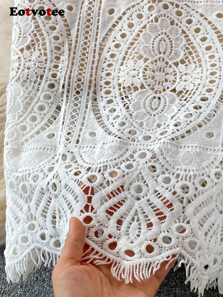 Casual Dresses Eotvotee White Lace Dresses for Women Summer New Puff Sleeve Square Collar Back Zipper Hollow Out A Line Evening Midi Dress 230505