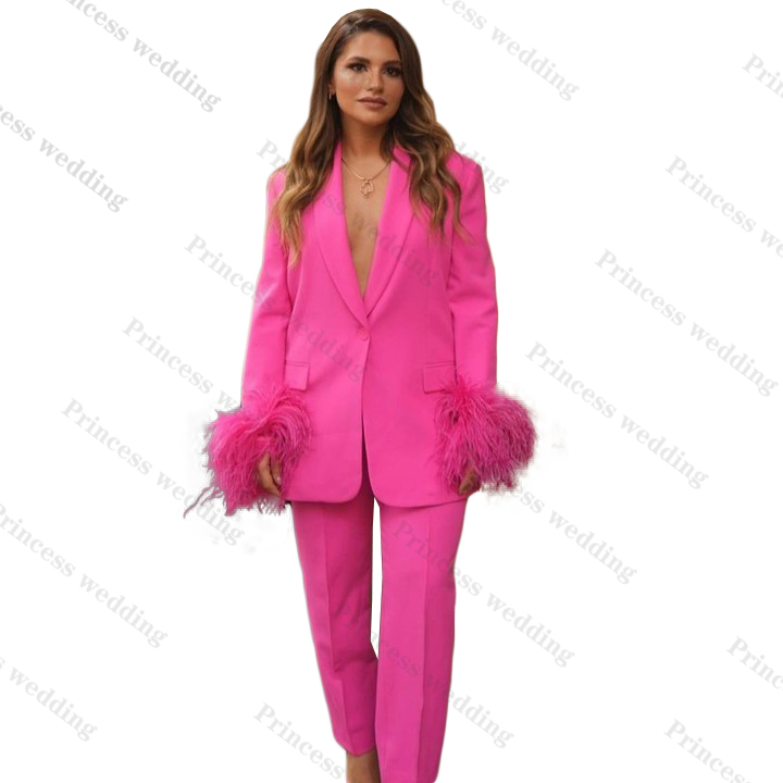 Hot Pink Women Pants Suits Set Feather Long Sleeve Girl Blazer Wide Leg Plus Size Office Lady Party Prom Dress