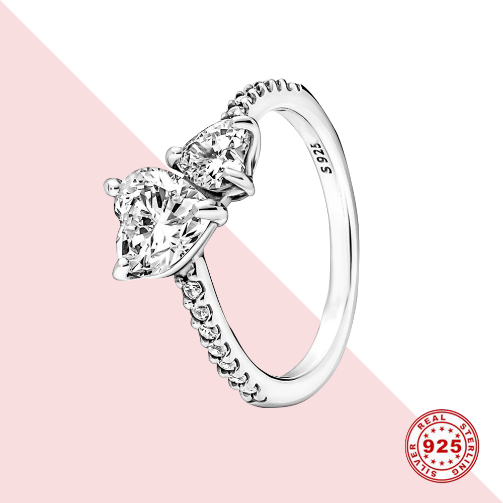 925 Sterling Silver Ring The S925 Snake Double Heart Sparking Ring, Engagement Wedding Crystal Rose Gold Ring Jewelry Gift