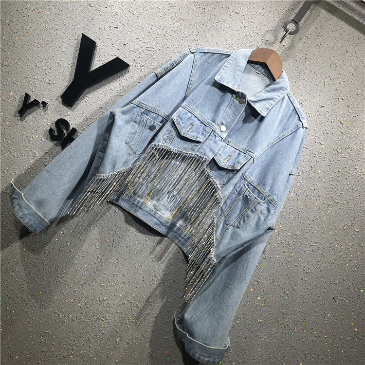 Women's Jackets Spring Summer New Denim Outerwear Loose Diamond Chain Tassel Streetwear Turn-Down Collar Jacket Women 230505
