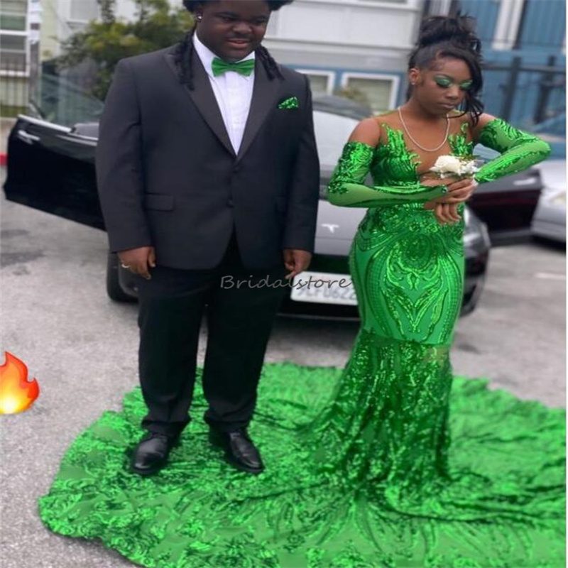 Sequin Green Prom Dress With Train 2023 Faster Delivery Extra Mermaid Black Girls Birthday Dresses Evening Wear Korean Glitter Formal Occasion Birthda