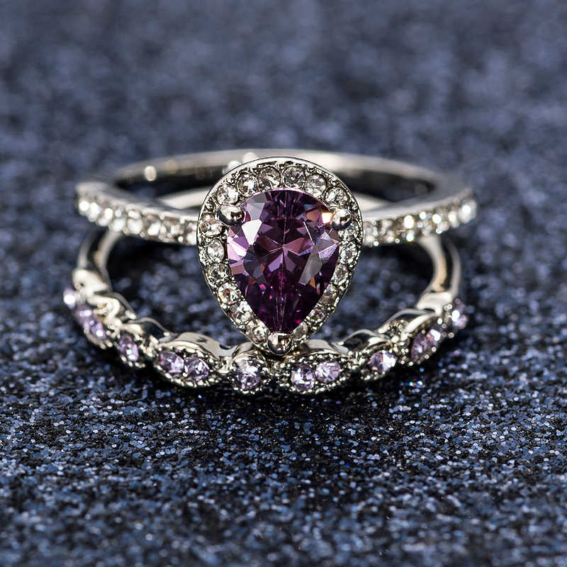 Band Rings New purple Stone Crystal Engagement rings for Women Drop Shape Zircon Vintage Bridal Wedding ring High Quality Jewelry