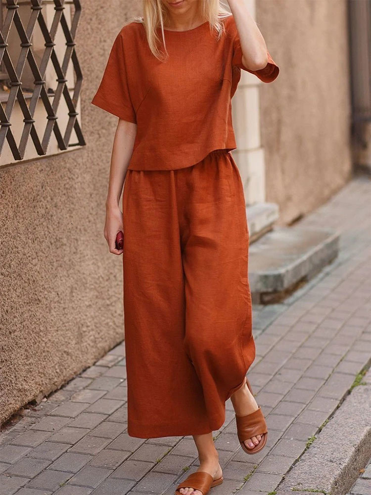 Tracksuits Two Women's Summer Piece Sets Womens Outfits Casual Linen Cotton O-Neck Tops Straight Loose Pants Fashion Solid 2 Piece Sets Streetwea