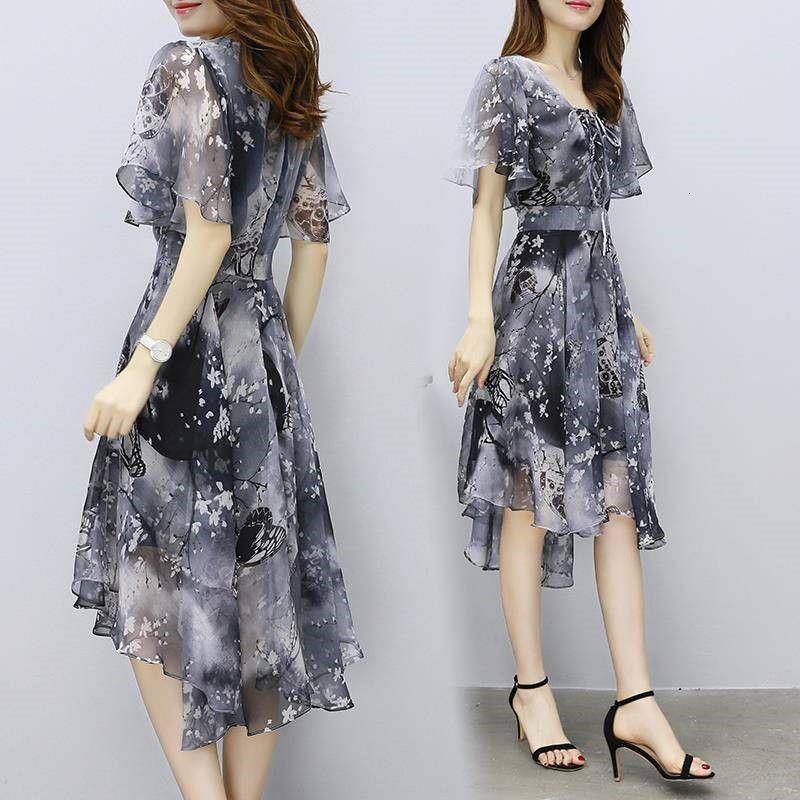 Casual Dresses Women Chiffon Print Dress New Ladies Elegant V-Neck Flare Sleeve Irregular Knee-Length Dress Vestidos Female Summer Clothes 230505