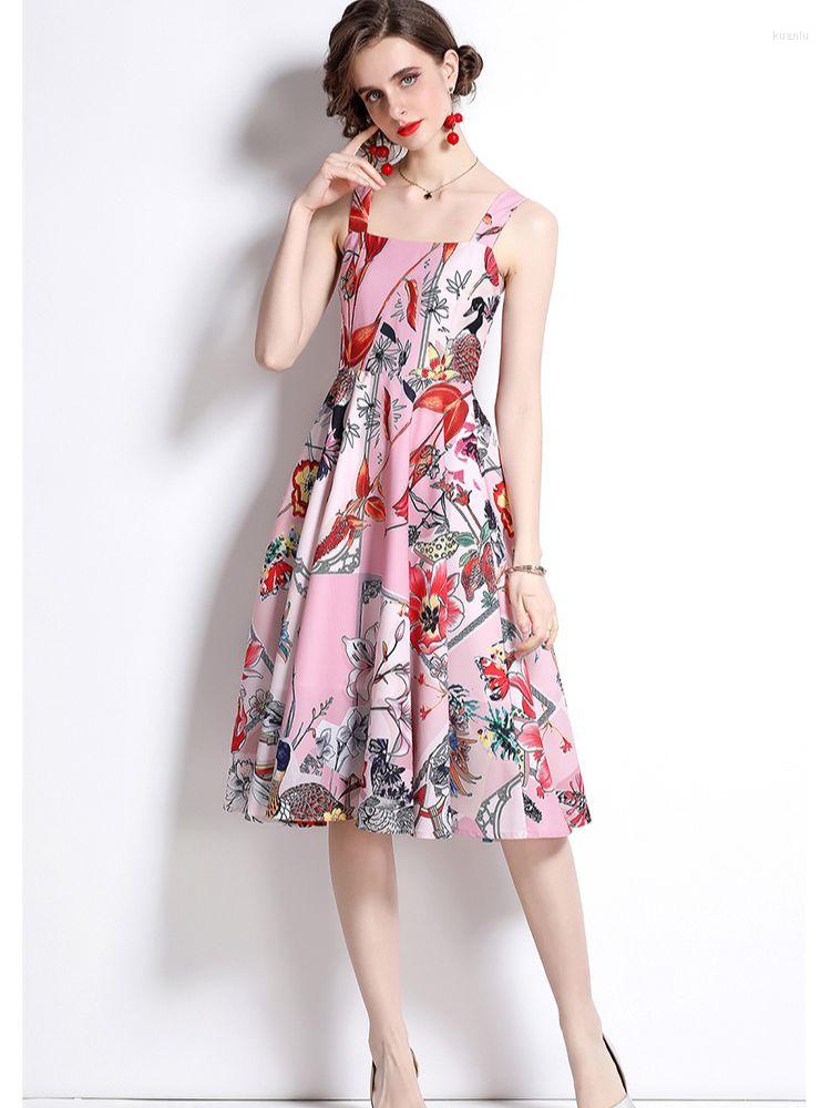 Casual Dresses Runway Midi Dress Summer Cute Women Vintage Print Spaghetti Strap Blue Party Pleated Vestidos Robe Femme N6539