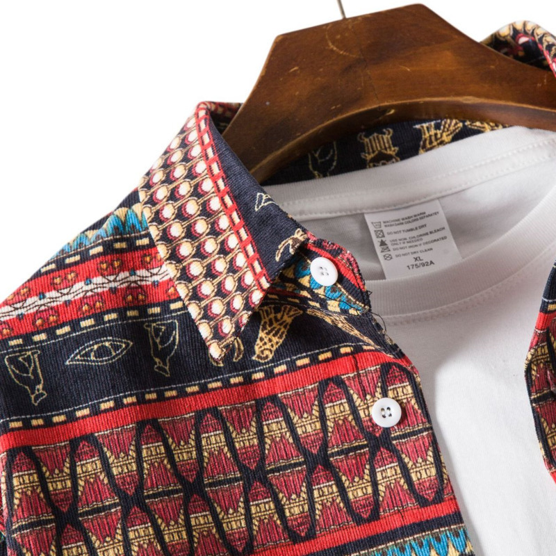 Men's Casual Shirts Autumn Men's Corduroy Long Sleeve Shirts Korean Woman Fashion Ethnic Pattern Printed Casual Oversize Striped Shirt Male 