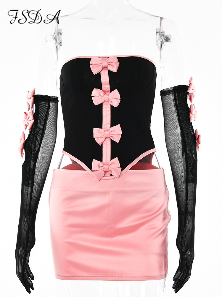 Two Piece Dress FSDA Summer Elegant Women Outfits Club Corset Crop Top With Sleeve Glove And Bow Skirts Mini Sexy Sets Party 230505