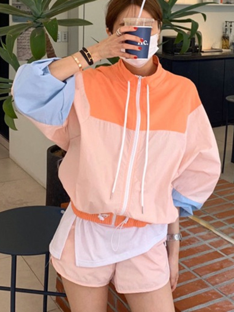 Women's Jackets EWQ Women Drawstring Contrast Long Sleeve Jacket Spring Summer New Patchwork Zipper Jackets Coat Female Loose Top 16Y7325 230505