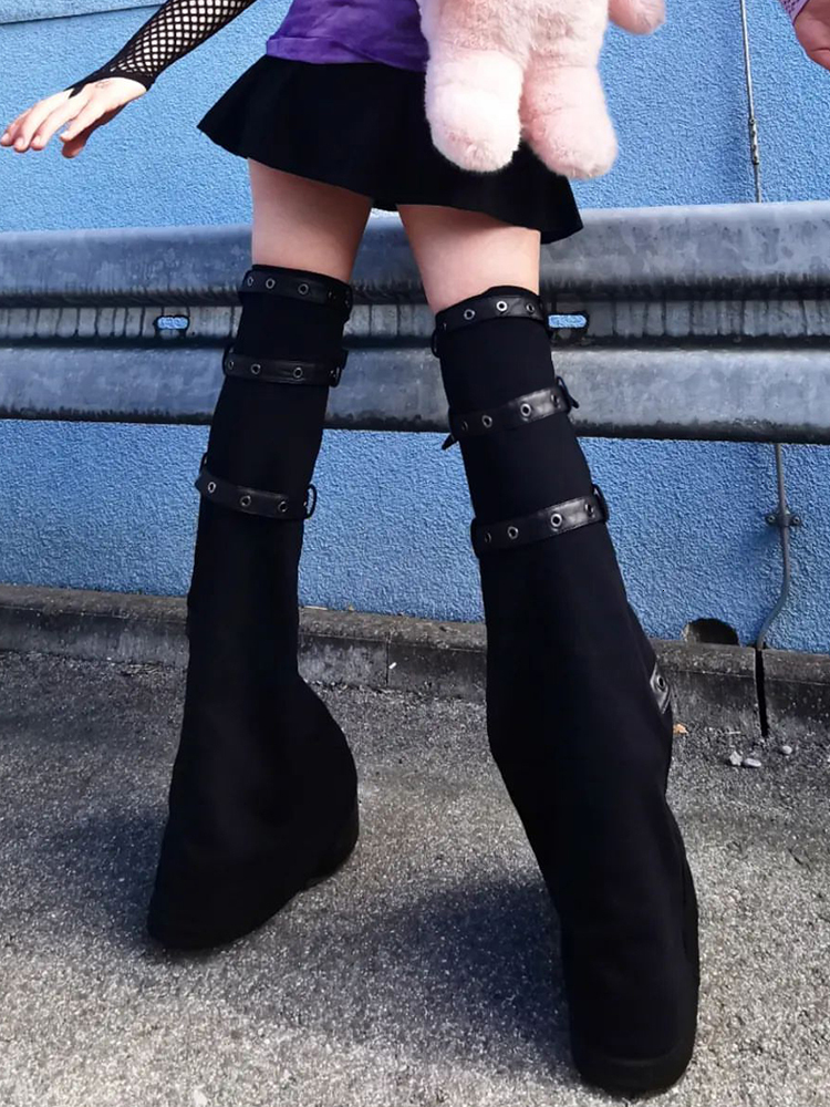 Women s Pants s SUCHCUTE Gothic Eyelet Strap Women Trouser Legs Vintage Dark Academic Slim Bandage Socks Black Knitted Boot Cuffs Punk 230504