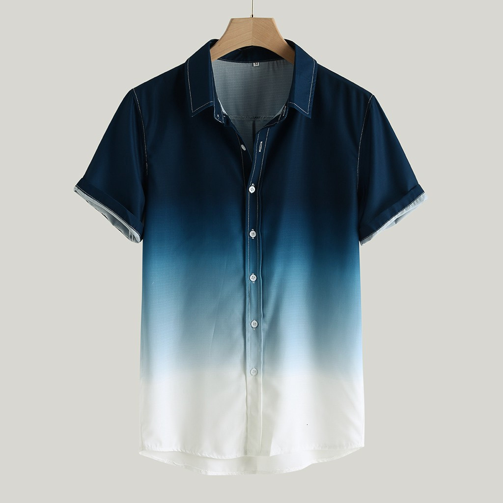 Men's Casual Shirts Summer cool thin breathable collar gradient dyed men's Hawaiian shirt casual short-sleeved shirt four-way elastic materi