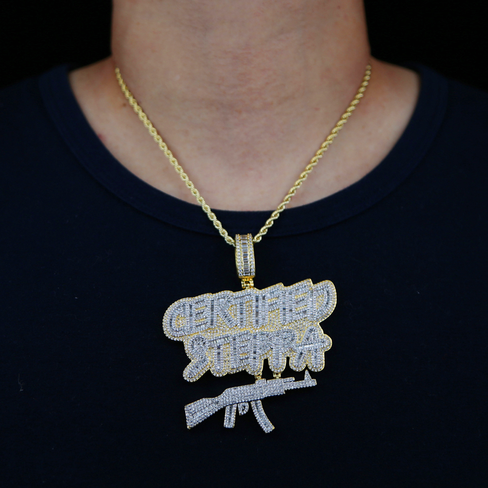 Pendant Necklaces Iced Out Bling Rectangle CZ Letter Certified Steppa Pendant Necklace Cubic Zirconia AK47 Gun Charm Men Fashion Hip Hop Jewelry 23050