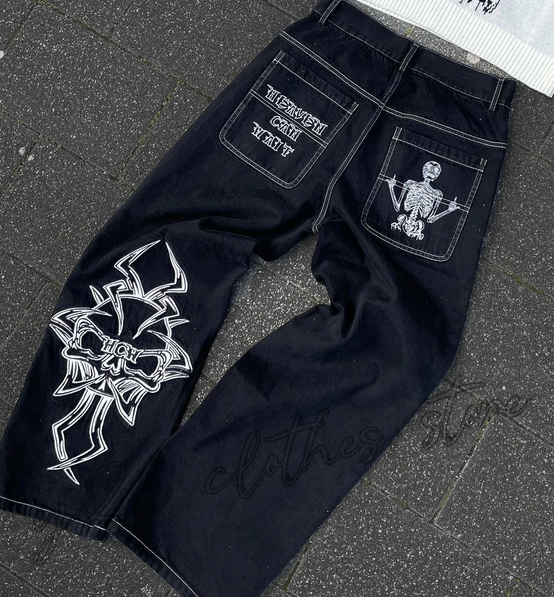 Men's Jeans Y2K Harajuku Retro Skull Graphic Baggy Black Pants Punk Rock Hip Hop Gothic Wide Leg Trousers Streetwear 230504
