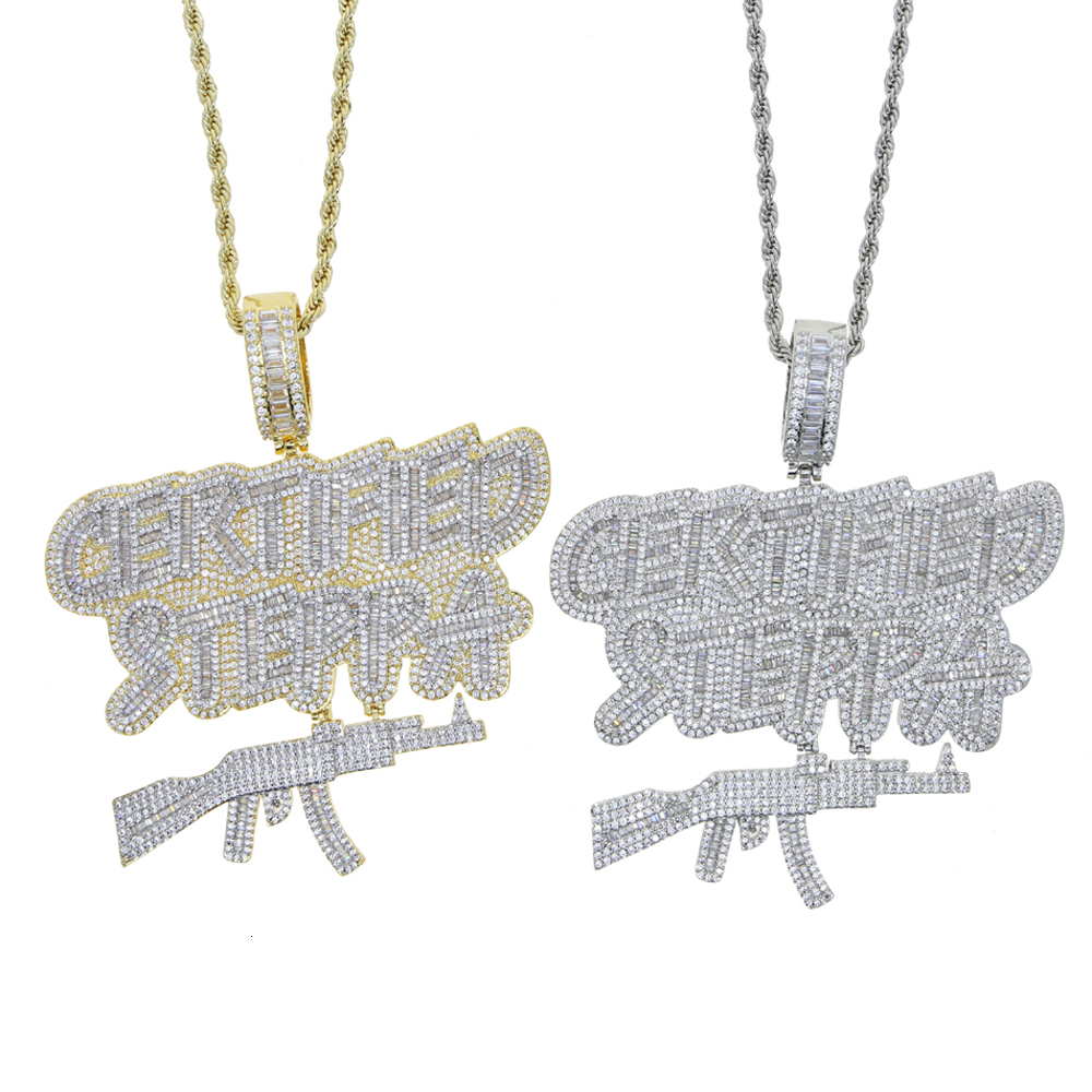 Pendant Necklaces Iced Out Bling Rectangle CZ Letter Certified Steppa Pendant Necklace Cubic Zirconia AK47 Gun Charm Men Fashion Hip Hop Jewelry 23050