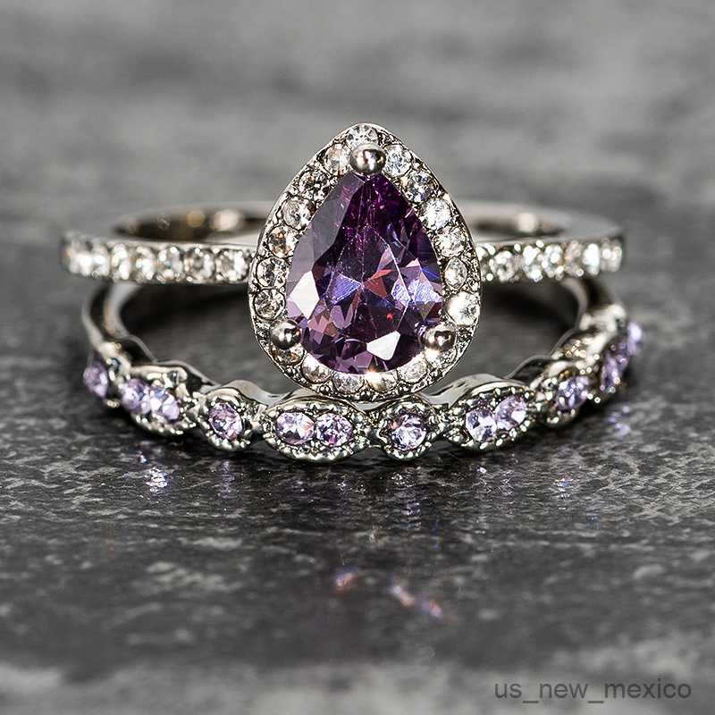 Band Rings New purple Stone Crystal Engagement rings for Women Drop Shape Zircon Vintage Bridal Wedding ring High Quality Jewelry