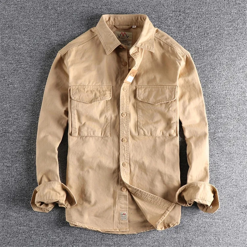 Men's Casual Shirts Retro Male Cargo Shirt Jacket Canvas Cotton Khaki Military Casual Work Mens Tops Clothing Single-Breasted Camisas De Hombre 2