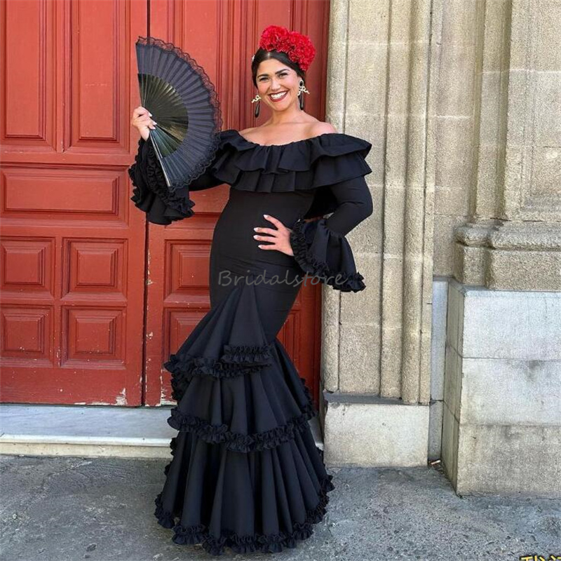 Vintage Black Flamenco Prom Dress Mermaid Ruffles Puff Sleeves Women Formal Occasion Dresses 2023 Tight Korean Elegant Evening Party Gowns Vestidos De