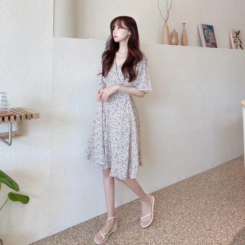 Casual Dresses M-3XL Dresses Women Summer Chic Hot Sale Soft Lady V-neck Stylish Tunic Slim Beach Simple Print Tender Sweet Holiday Vestidos 230505