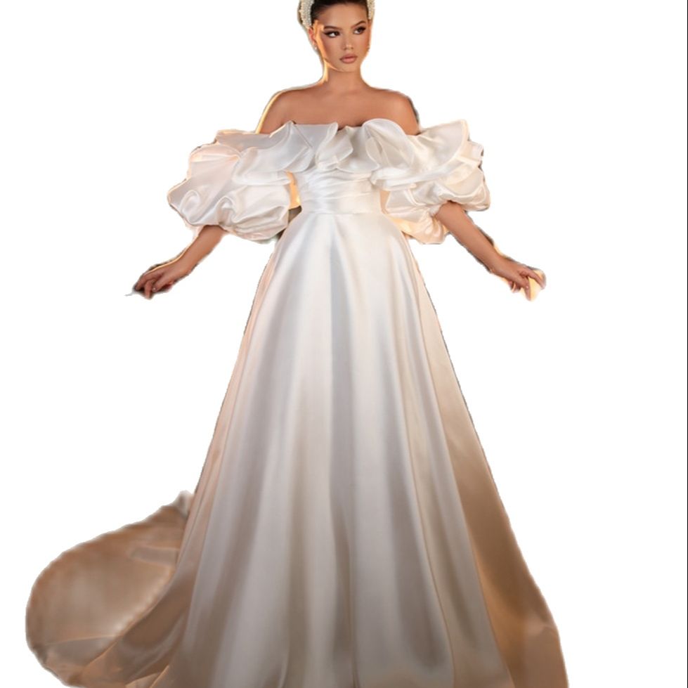 Princess Soft Satin A Line Wedding Dresses Flowers Ruffles Off Shoulder Mariage Bridal Gowns Vestido de noiva
