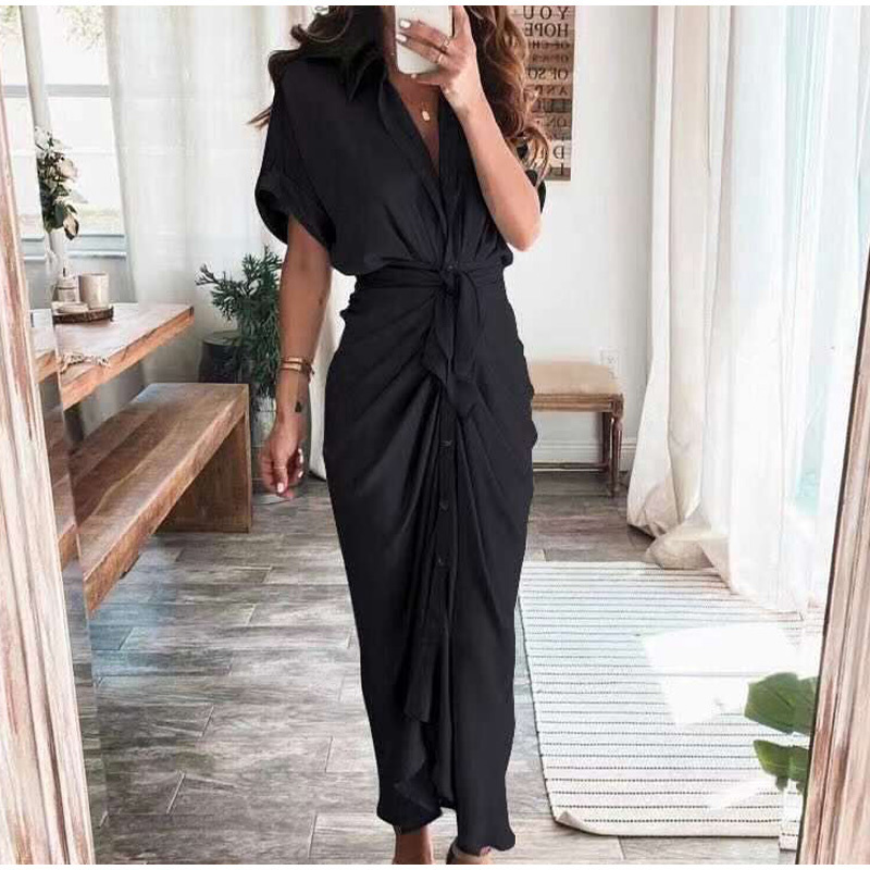 Casual Dresses Women Elegant Shirt Dress Summer Fashion Printed Button Ruched Bandage Long Dresses Female Solid V Neck Beach Dress Casual Robe 230505