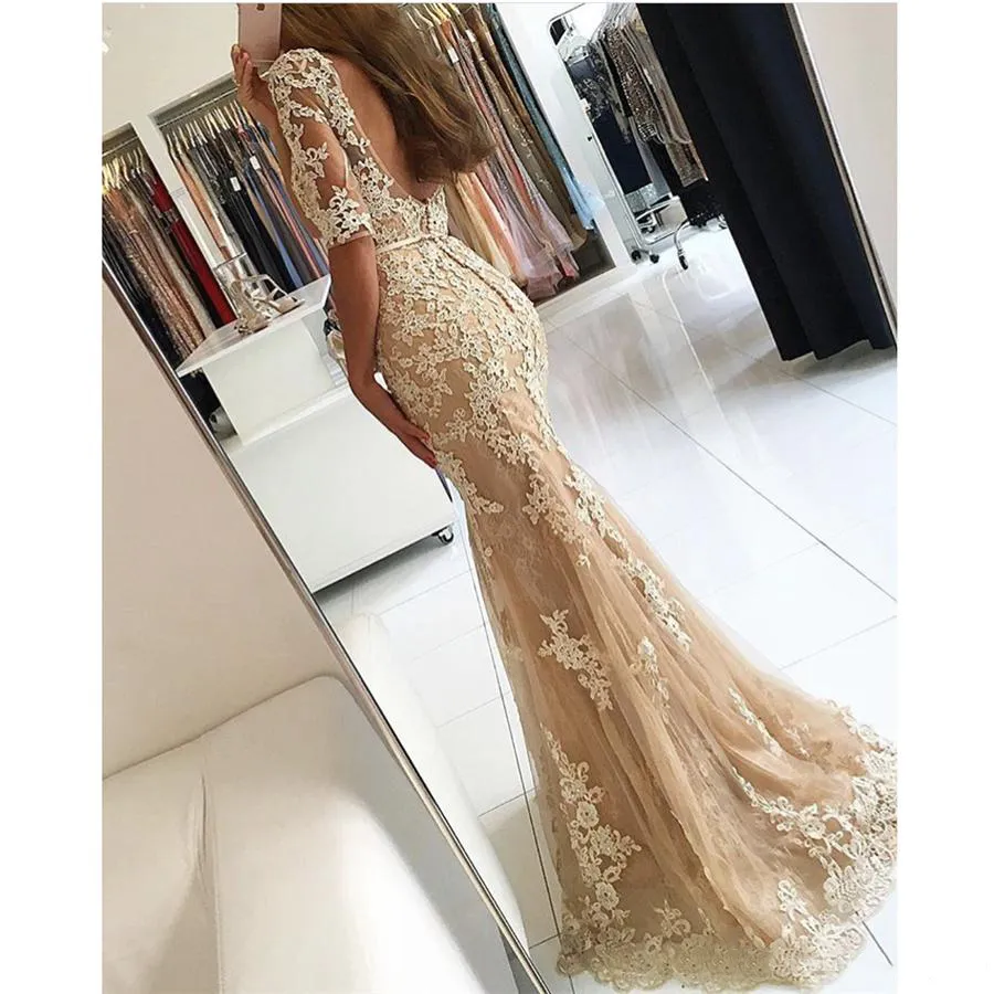 New Evening Dresses Formal Prom Party Gown Mermaid Scoop With Half Sleeve Floor-Length Sweep Train Applique Lace Tulle long Backless