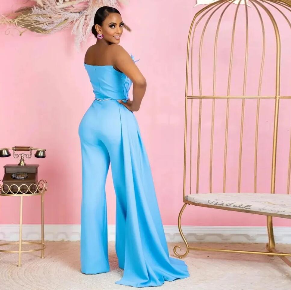Satin Jumpsuit Prom Dresses With Feathers Beading Belt Side Train Outfit For Special Occasion Gown Pant Vestidos De Noche