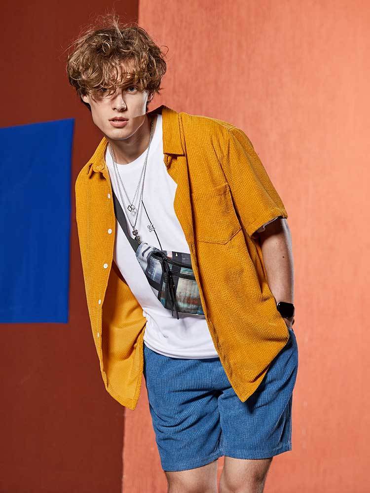 Men's Casual Shirts Men's Shirt Corduroy Short Sleeve Blouses Casual Solid Streetwear Shirts Summer Ribbed Plain Button Y2K Tops Z4982896 23