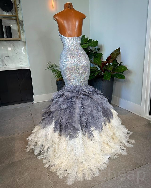 May Aso Ebi Sier Mermaid Prom Feather Crystals Beaded Evening Formal Party Second Reception Birthday Engagement Gowns Dress Robe De Soiree ZJ Lz0304