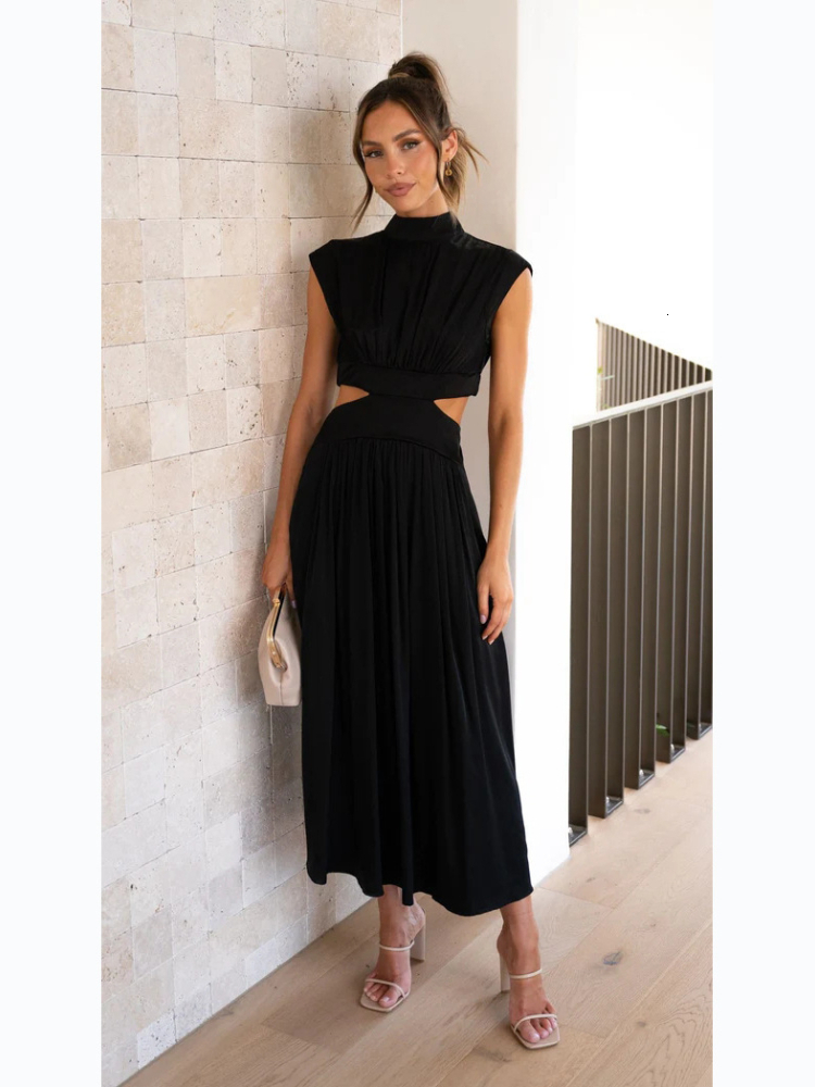 Party Dresses Women Elegant Maxi Summer Fashion Casual Solid Sleeveless Backless Female Sexy Hollow Out Pleated Long 230505