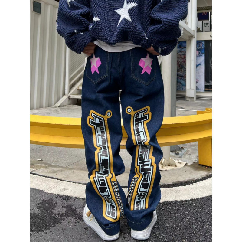 Men's Jeans letter star print y2k jeans American style hip hop high waist loose layered straight zipper fashion pants trend 230504