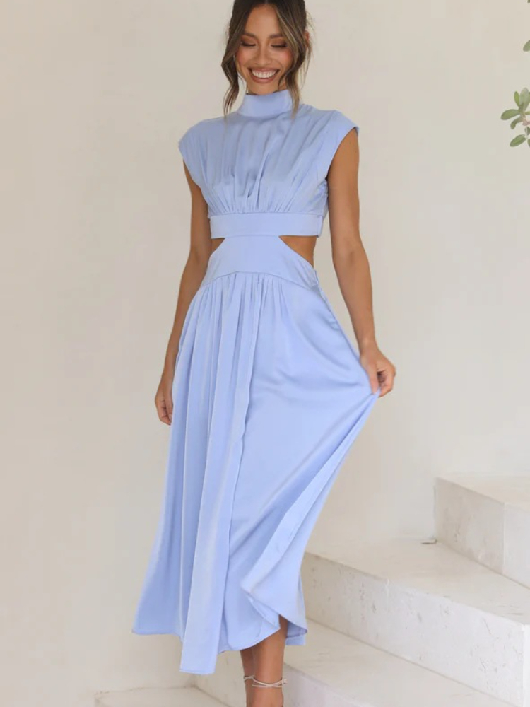 Party Dresses Women Elegant Maxi Summer Fashion Casual Solid Sleeveless Backless Female Sexy Hollow Out Pleated Long 230505