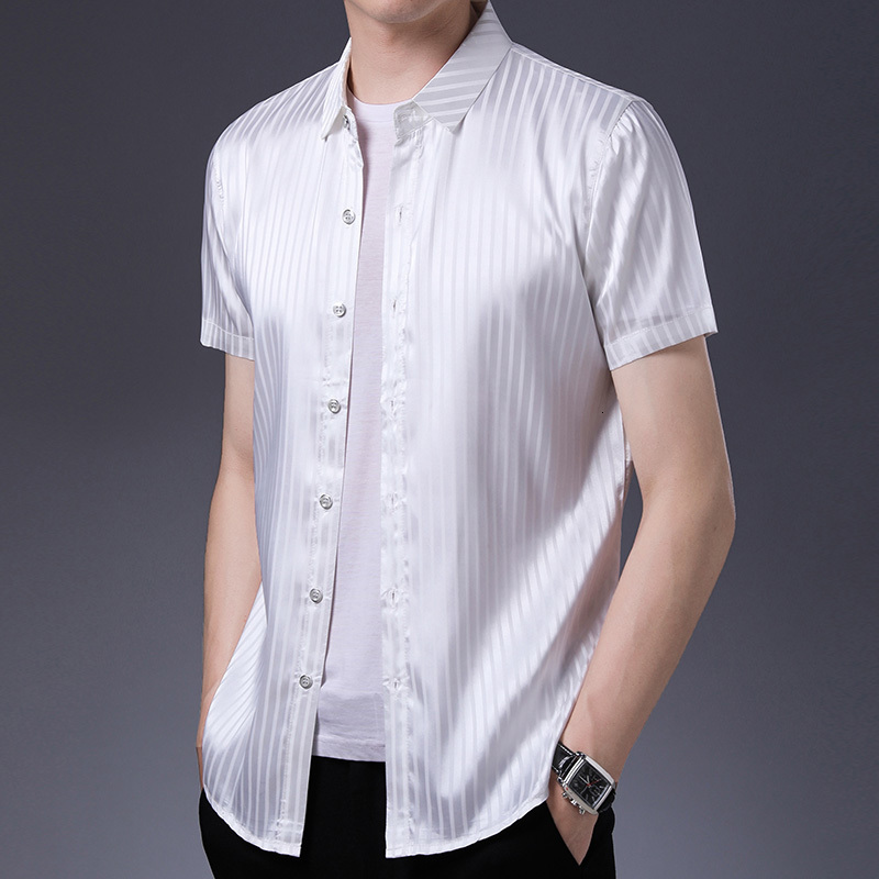 Men's Casual Shirts Male Silk Shirt Summer Fashion Striped Silk Clothes Short Sleeve Men Casual Office Satin Silk Dress Shirts 230505