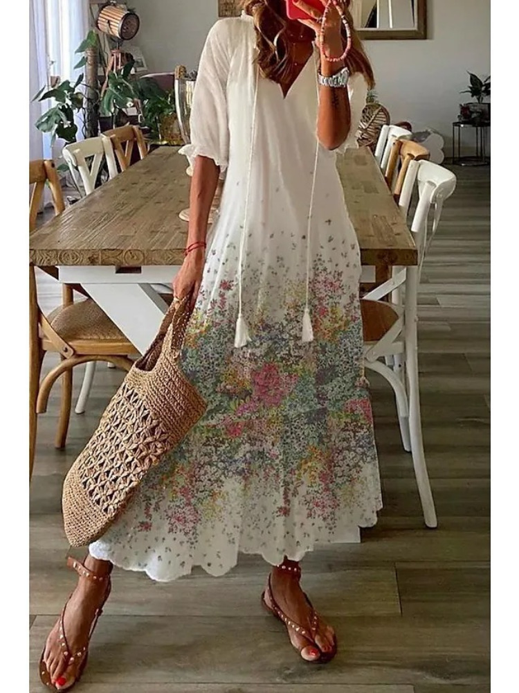 Casual Dresses Bohemian Long Dress Women Summer Vintage Floral Print V Neck Half Sleeve Dresses Female Casual Drawstring Loose Beach Dress 230505