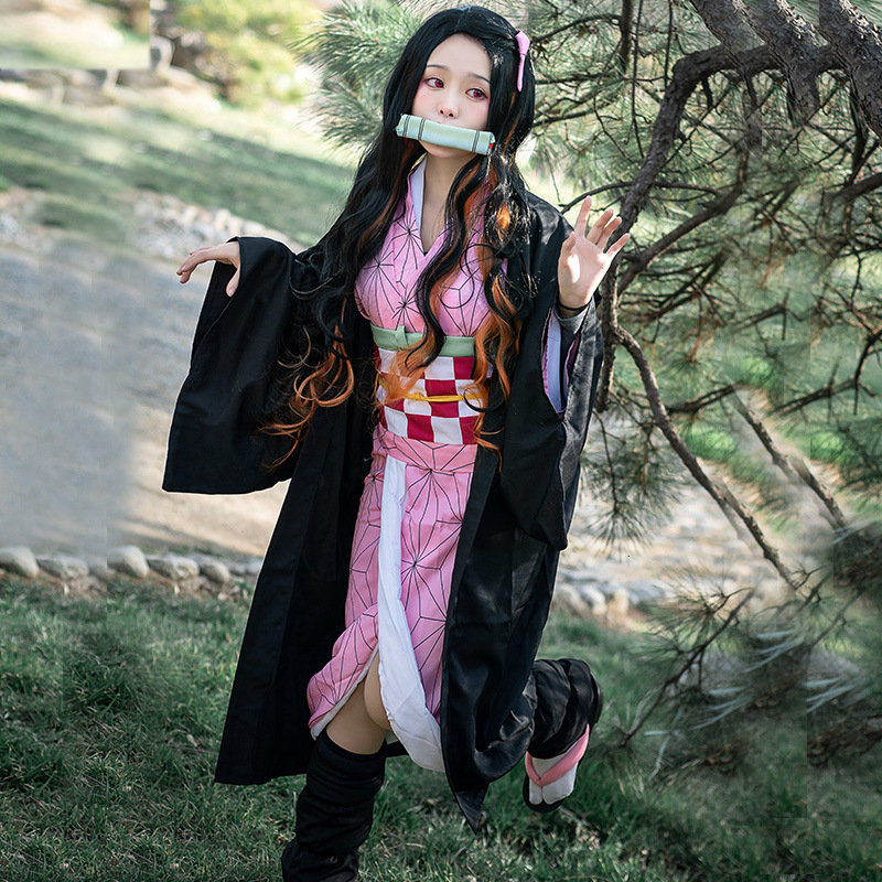 Cartoon Clothing Kamado Nezuko Cosplay Costume Anime Demon Slayers Kimono Kimetsu No Yaiba Kamado Nezuko Costume Wig Uniform Hallween Women Kids 23050