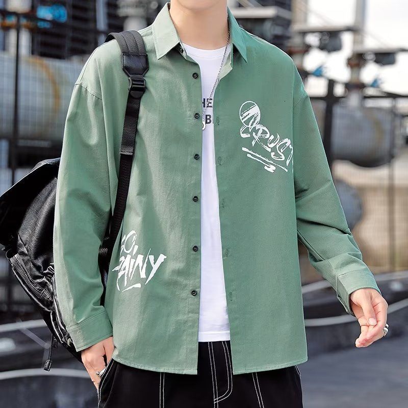 Men's Casual Shirts Autumn Winter Letter Print Loose Casual Blouse Man Long Sleeve Y2K Korean Style Male Shirt Vintage Gentmen Streetwear Clothes