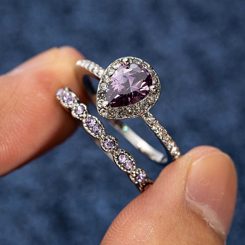 Band Rings New purple Stone Crystal Engagement rings for Women Drop Shape Zircon Vintage Bridal Wedding ring High Quality Jewelry