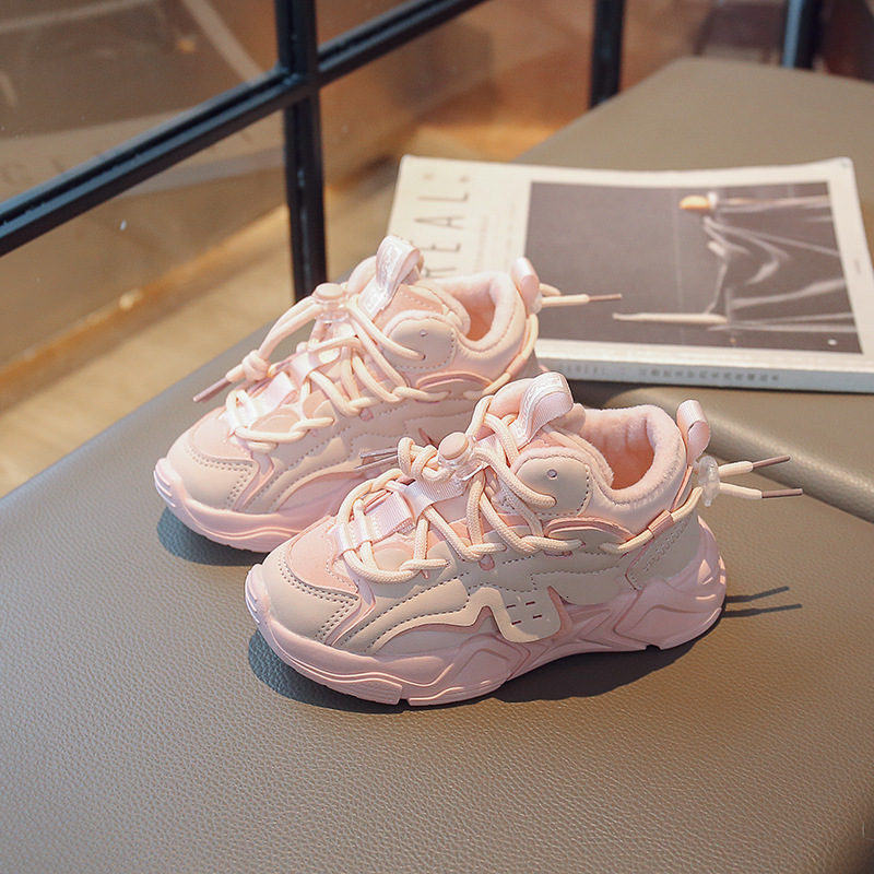 First Walkers Children's Fashion Solid Black Autumn and Winter Boys' Sports Shoes Waterproof PU Girls' Tight Fit Cotton Lace School Spo