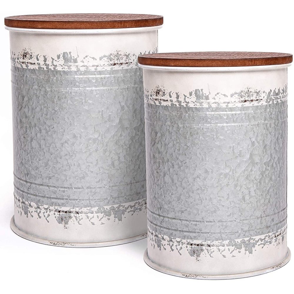 Farmhouse Accent Side Table - Galvanized Rustic End Table Metal Storage Bin Wood